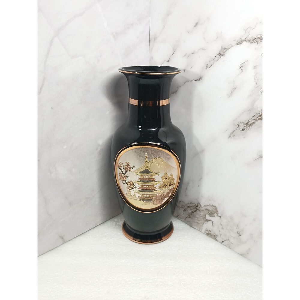 Art of Chokin Vase 24K Gold Trim Pagoda Scene Signed Black Porcelain Hairline